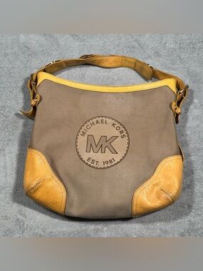 Michael Kors MK Est 1981 Shoulder Bag Y2K Tan Canvas Banana Leather Hobo Purse